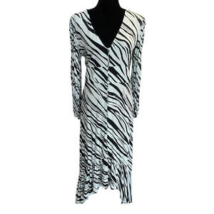 Leith Blue Slash Tulip Hem V-Neck Midi Dress Button Front Long Sleeve
